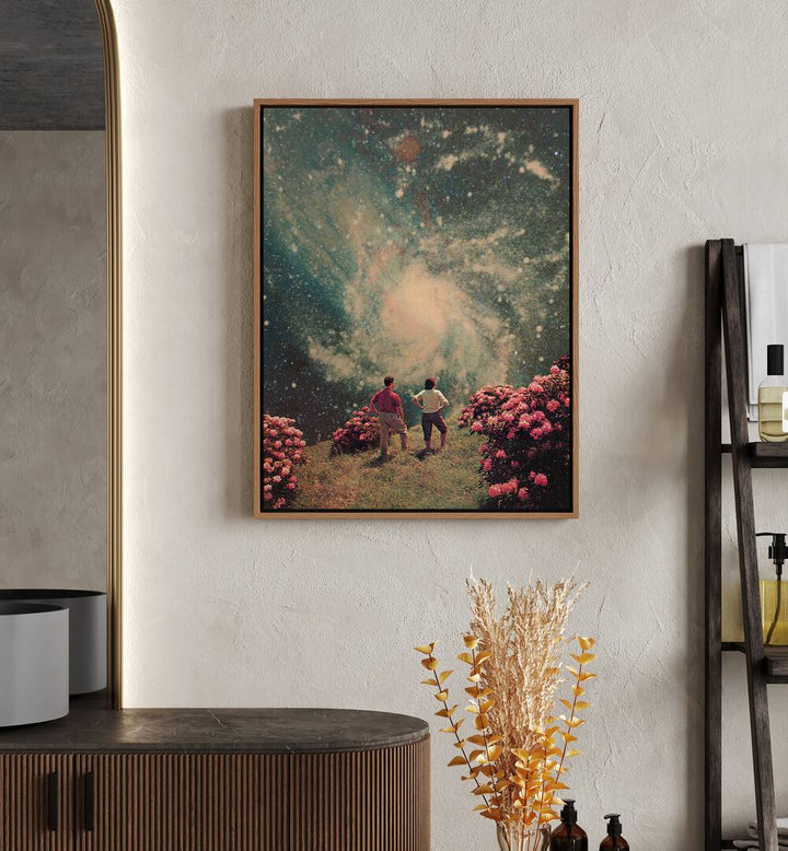 There Will Be Light in the End By Frank Moth Surreal Art Prints Surrealism in Oak Wood Floater Frame placed on a wall behind a console table