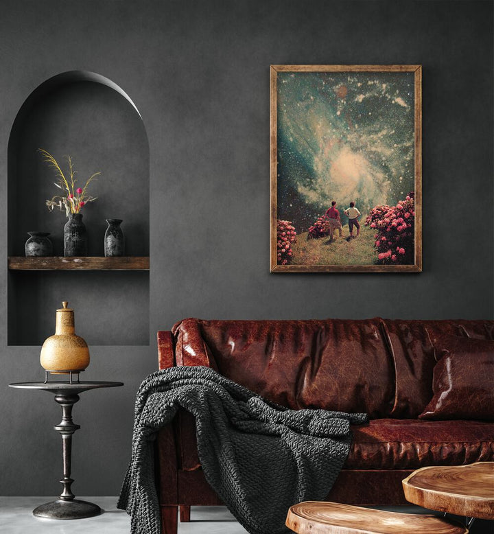 There Will Be Light in the End By Frank Moth Surreal Art Prints Surrealism in Oak Wood Plain Frame placed on a wall behind a red sofa