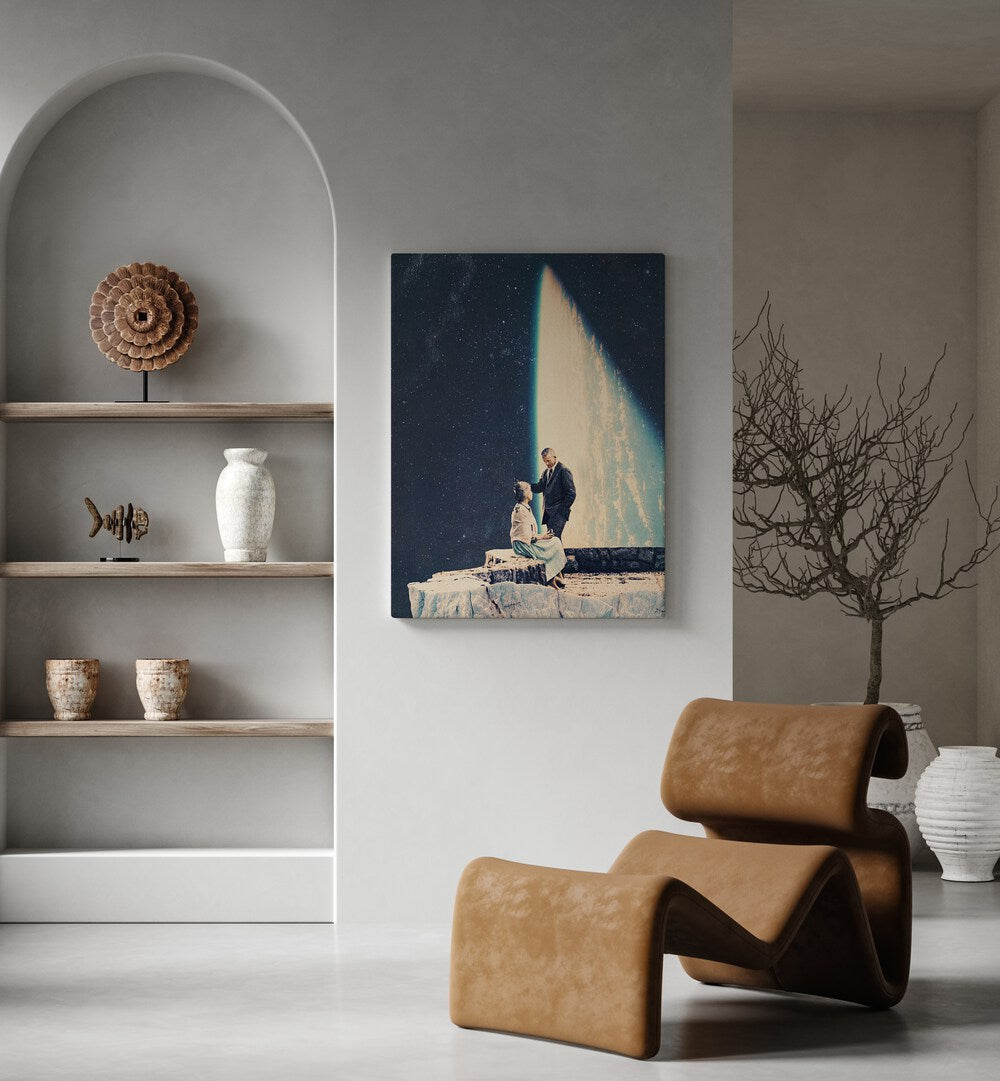 This Love By Frank Moth Surreal Art Prints Surrealism in Gallery Wrap placed on a wall behind a sofa