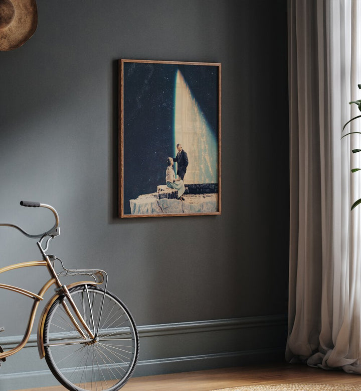 This Love By Frank Moth Surreal Art Prints Surrealism in Oak Wood Plain Frame placed on a wall beside a bicycle