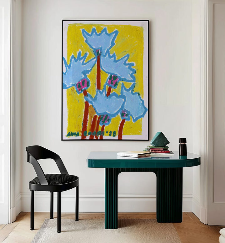 Thistle Blue By Ania Zwara Botanical Art Prints Floral Paintings in Black Plain Frame placed on a Cream Colored Wall near a Table in a Workspace in the Drawing Room