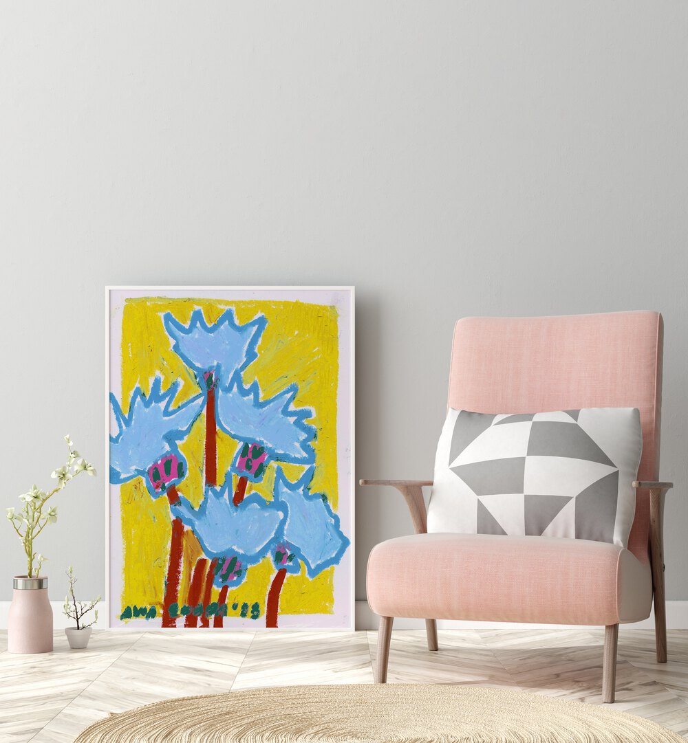 Thistle Blue By Ania Zwara Botanical Art Prints Floral Paintings in White Plain Frame placed on the floor near a Grey Colored Wall in the Drawing Room