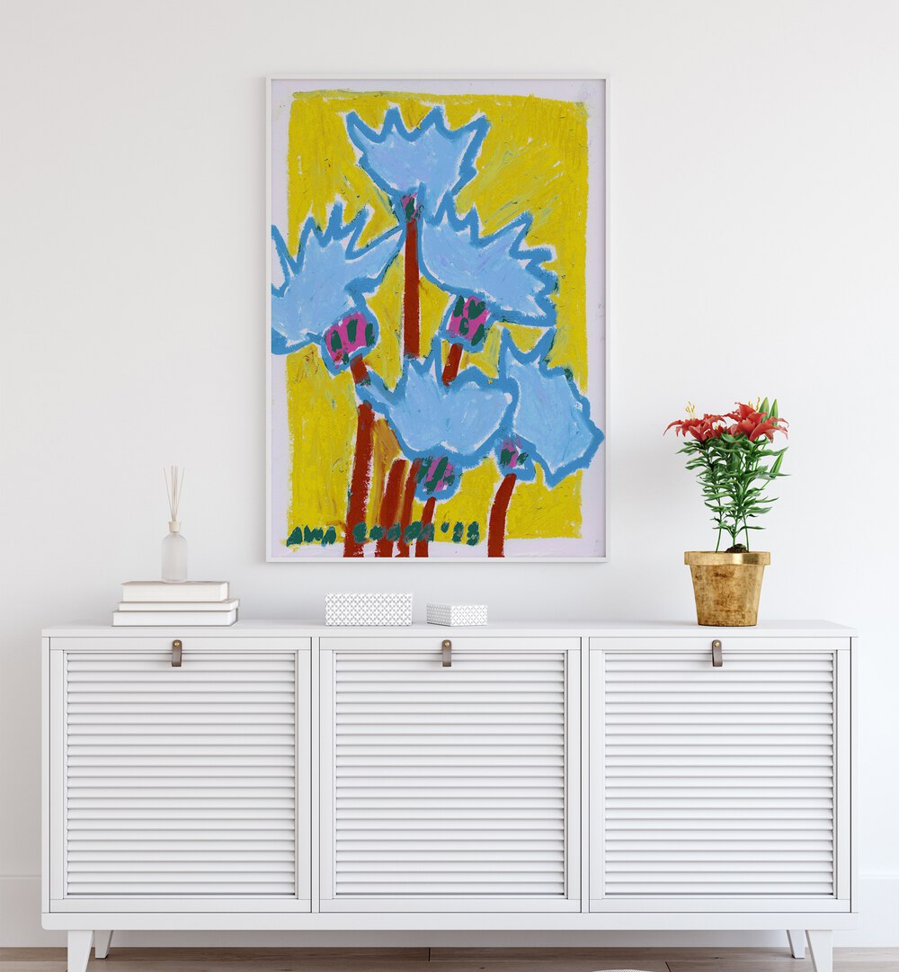 Thistle Blue By Ania Zwara Botanical Art Prints Floral Paintings in White Plain Frame placed on a White Colored Wall above a Console Table in the Drawing Room