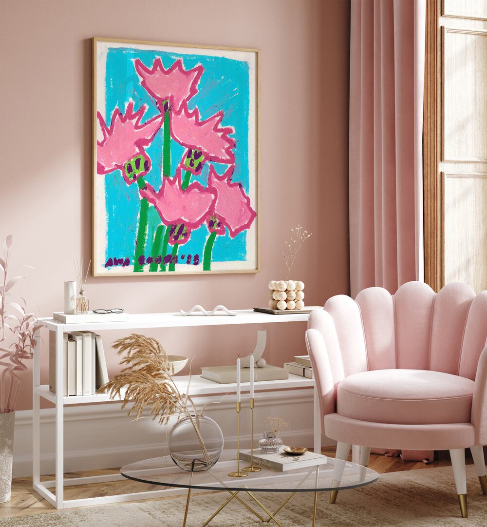 Thistle By Ania Zwara Botanical Art Prints Floral Paintings in Oak Wood Plain Frame placed on a Pink Colored Wall above a Console Table in the Drawing Room