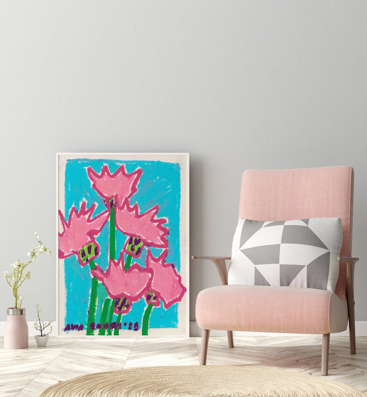 Thistle By Ania Zwara Botanical Art Prints Floral Paintings in White Plain Frame placed on the floor near a Grey Colored Wall in the Drawing Room