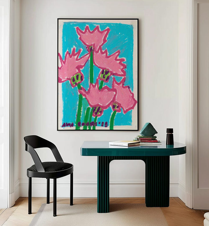 Thistle By Ania Zwara Botanical Art Prints Floral Paintings in Black Plain Frame placed on a Cream Colored Wall near a Table in a Workspace in the Drawing Room