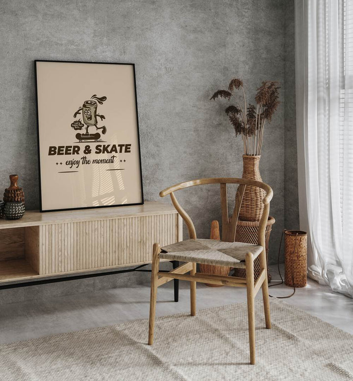 Thrills on Wheels Beer and Skate Quotes and Typography Posters in Black Plain Frame placed on a wall behind a console table