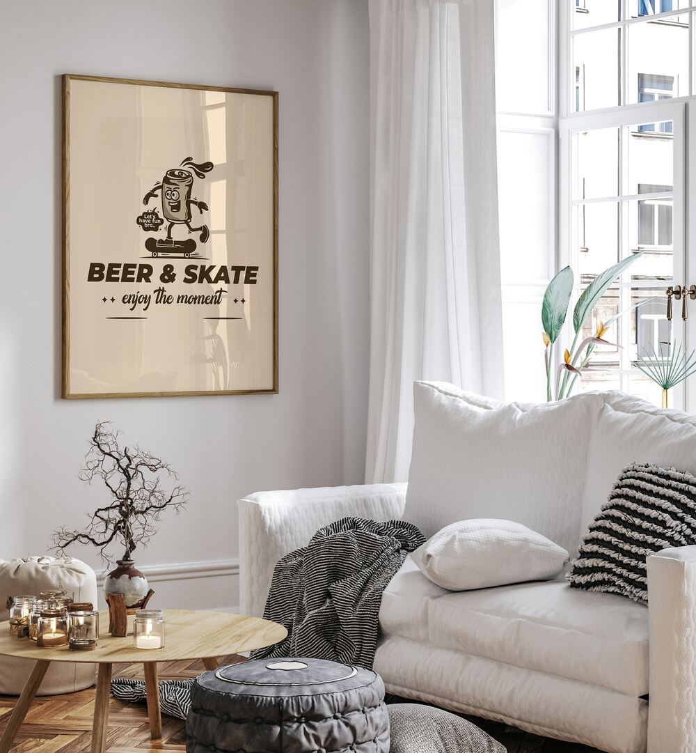 Thrills on Wheels Beer and Skate Quotes and Typography Posters in Oak Wood Plain Frame placed on a wall beside a sofa