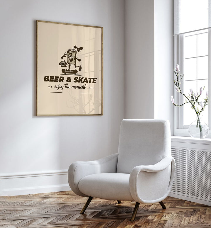 Thrills on Wheels Beer and Skate Quotes and Typography Posters in Oak Wood Plain Frame placed on a wall beside a chair