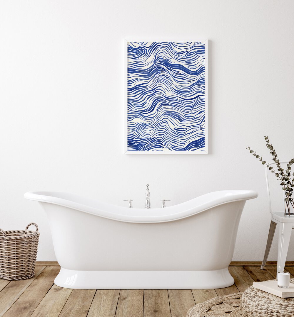 Tidal Waves I Beach Prints Coastal Wall Art in White Plain Frame placed on a White Colored Wall near a Bathtub in the Bathroom