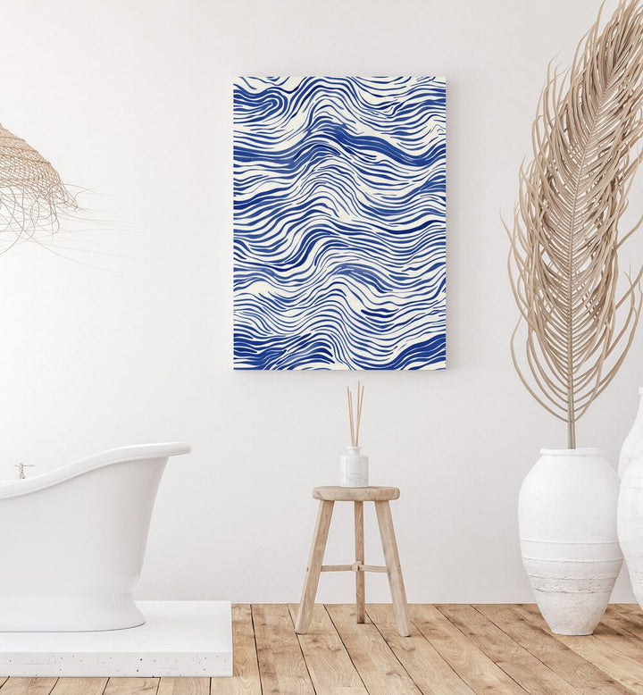 Tidal Waves I Beach Prints Coastal Wall Art in Gallery Wrap placed on a White Colored Wall near a Bathtub in the Bathroom