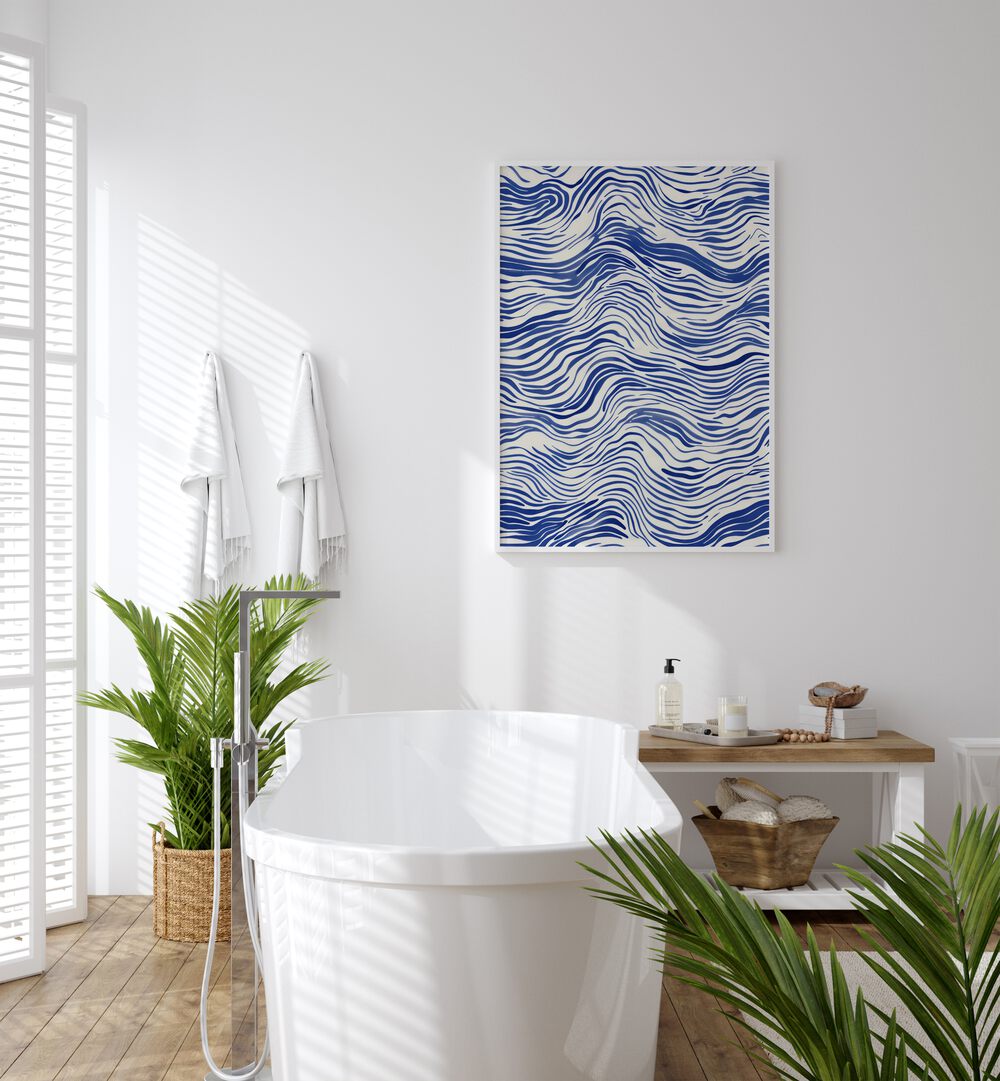 Tidal Waves I Beach Prints Coastal Wall Art in White Plain Frame placed on a White Colored Wall near a Bathtub in the Bathroom