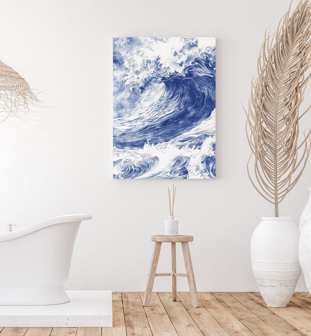 Tidal Waves II Beach Prints Coastal Wall Art in Gallery Wrap placed on a White Colored Wall near a Bathtub in the Bathroom