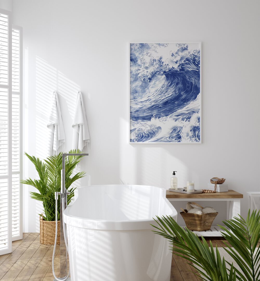 Tidal Waves II Beach Prints Coastal Wall Art in White Plain Frame placed on a White Colored Wall near a Bathtub in the Bathroom