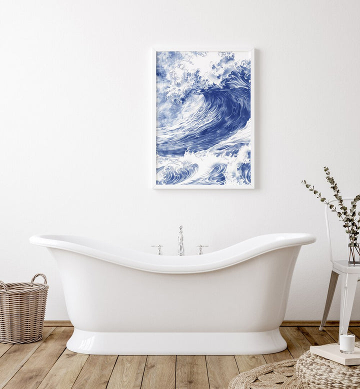 Tidal Waves II Beach Prints Coastal Wall Art in White Plain Frame placed on a White Colored Wall near a Bathtub in the Bathroom