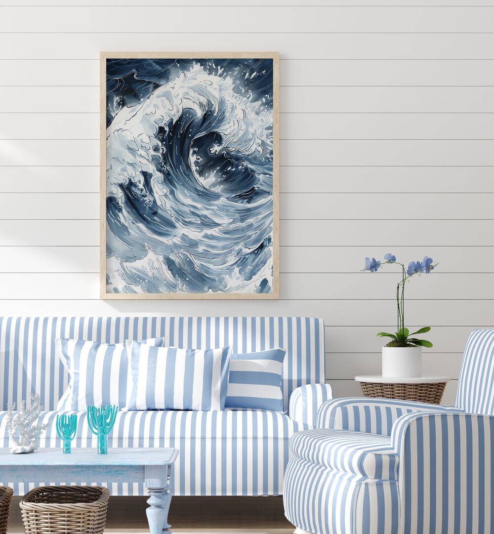 Tidal Waves III Beach Prints Coastal Wall Art in Oak Wood Plain Frame placed on a White Colored Wall in the Living Room