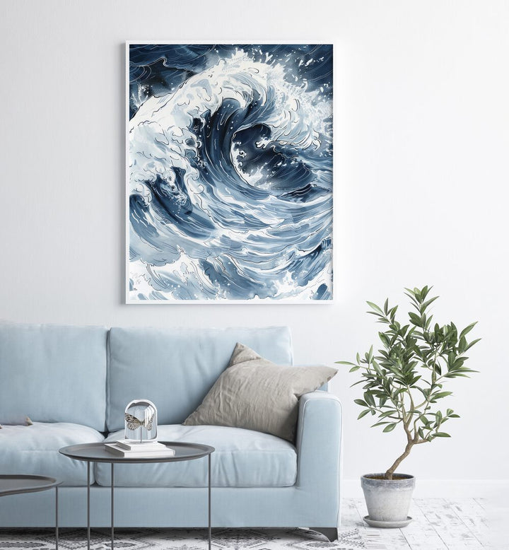 Tidal Waves III Beach Prints Coastal Wall Art in White Plain Frame placed on a White Colored Wall near a Light Blue Sofa in the Living Room