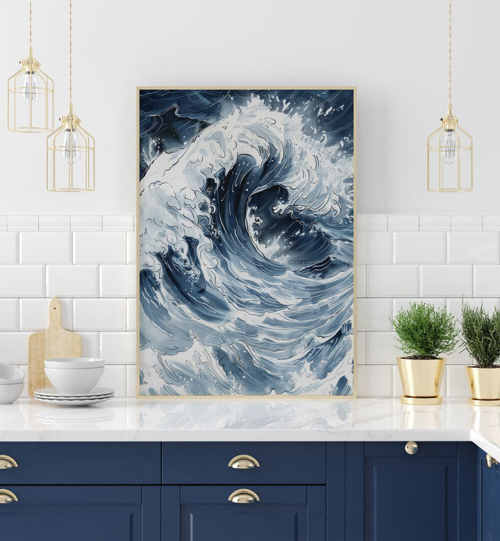 Tidal Waves III Beach Prints Coastal Wall Art in Gold Plain Frame placed on a Shelf in the Kitchen