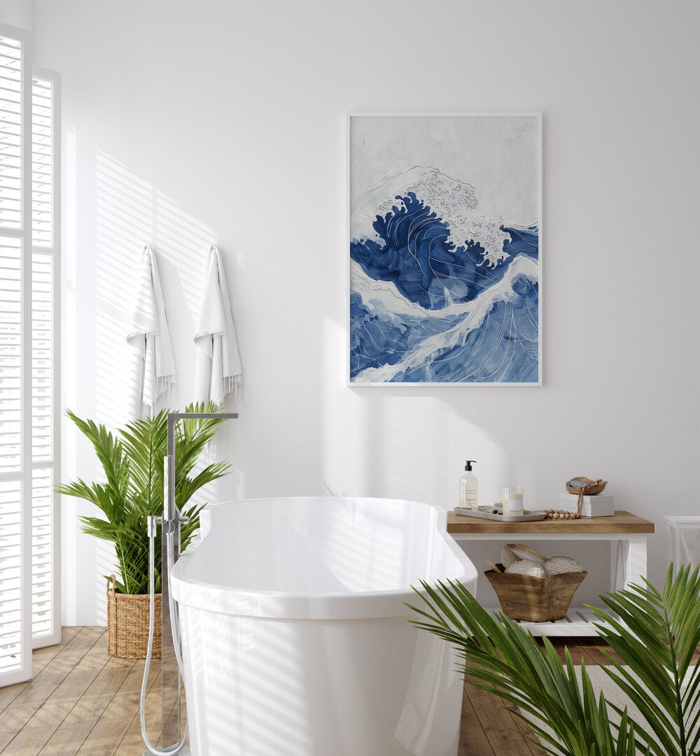 Tidal Waves IV Beach Prints Coastal Wall Art in White Plain Frame placed on a White Colored Wall in the Bathroom