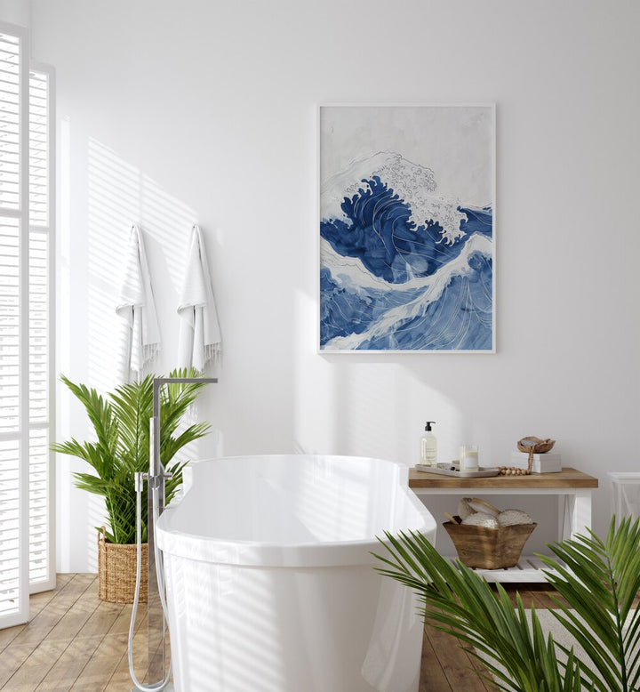 Tidal Waves IV Beach Prints Coastal Wall Art in White Plain Frame placed on a White Colored Wall in the Bathroom