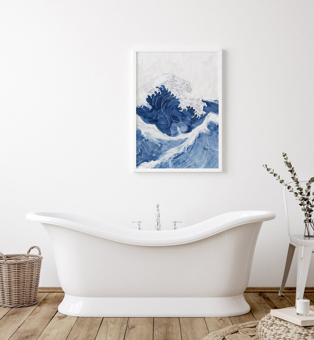 Tidal Waves IV Beach Prints Coastal Wall Art in White Plain Frame placed on a White Colored Wall near a Bathtub in the Bathroom