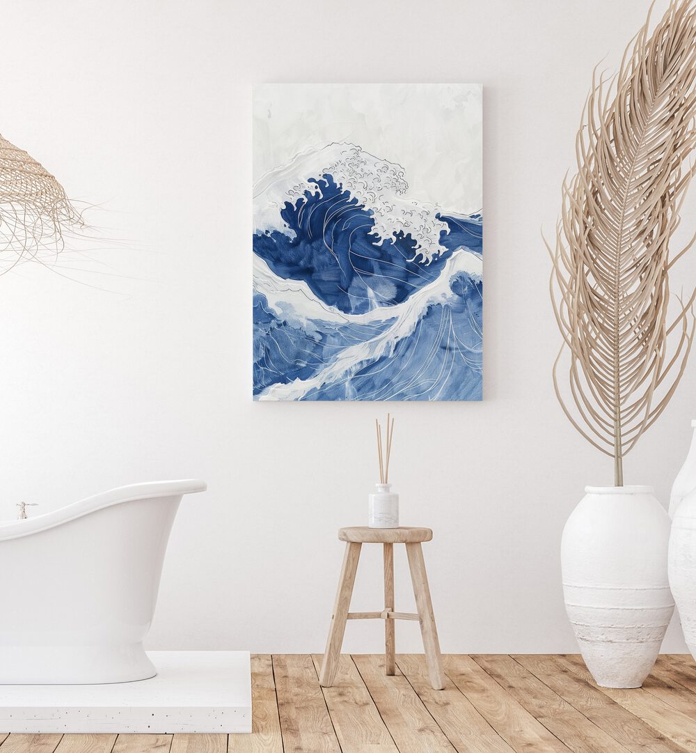 Tidal Waves IV Beach Prints Coastal Wall Art in Gallery Wrap placed on a White Colored Wall near a Bathtub in the Bathroom