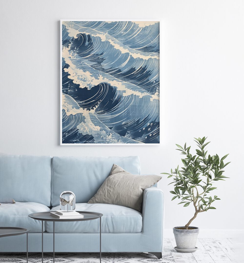 Tidal Waves V Beach Prints Coastal Wall Art in White Plain Frame placed on a White Colored Wall near a Light Blue Sofa in the Living Room