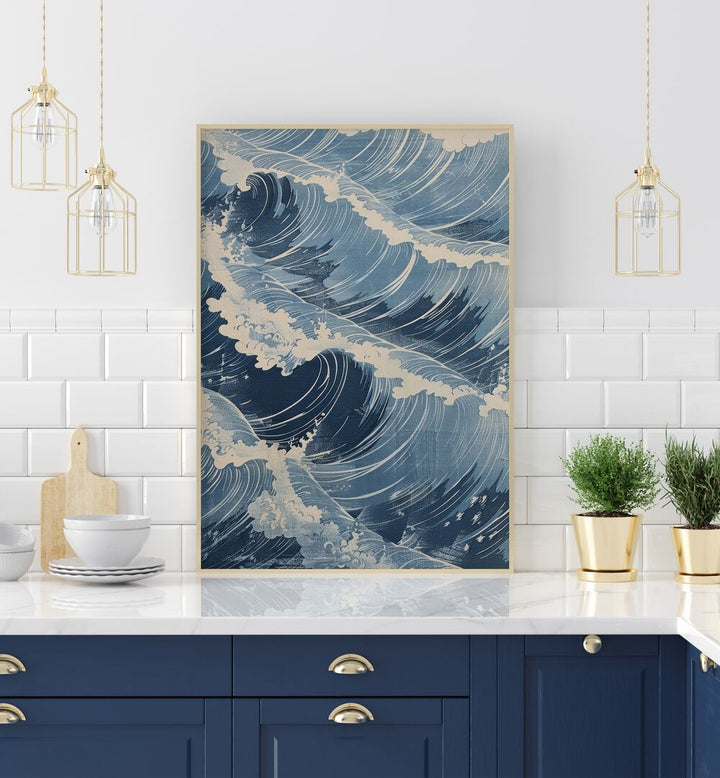 Tidal Waves V Beach Prints Coastal Wall Art in Oak Wood Plain Frame placed on a Shelf in the Kitchen 