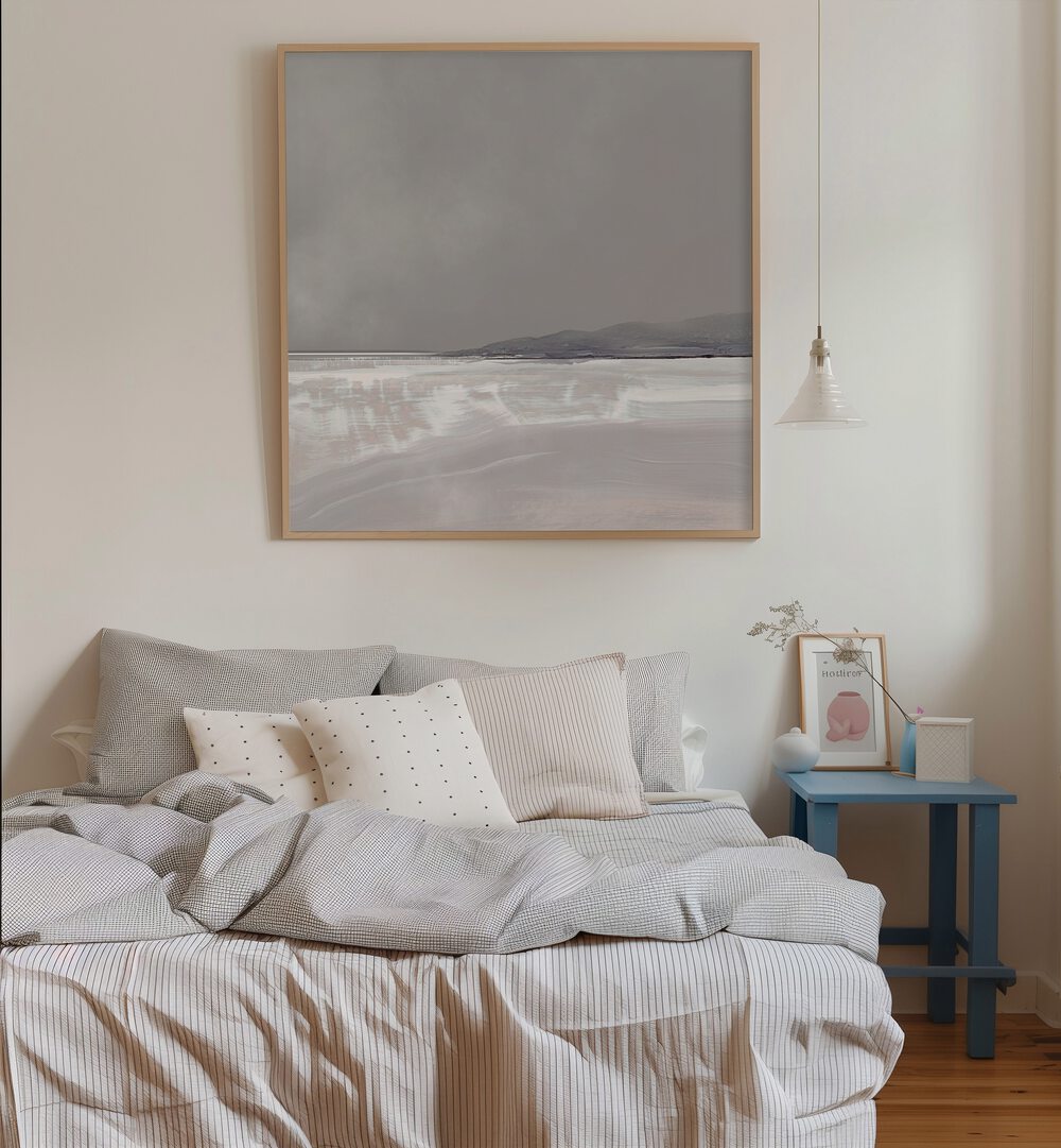 Tides By Dan Hobday Abstract Art Abstract Paintings in Oak Wood Plain Frame placed on a White Colored Wall near a Bed in the Bedroom