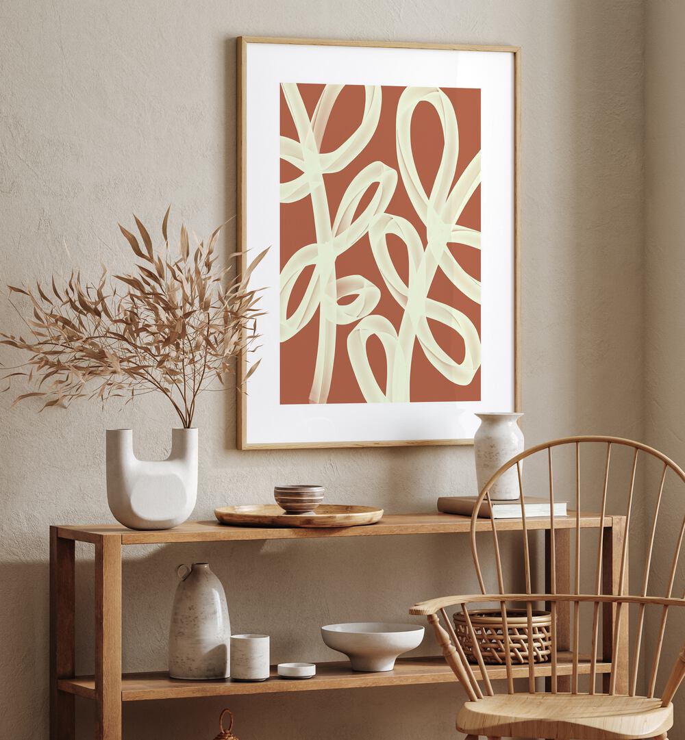 Ties by Yopie Studio Abstract Paintings Abstract Art Prints in Oak Wood Frame With Mount placed on a wall behind a table