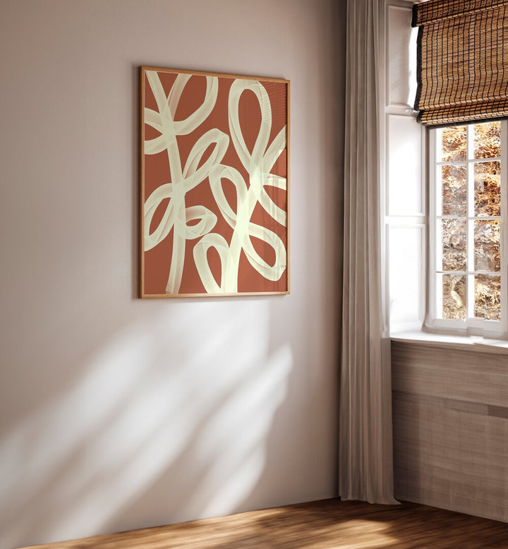 Ties by Yopie Studio Abstract Paintings Abstract Art Prints in Oak Wood Plain Frame placed on a wall in a room beside a window