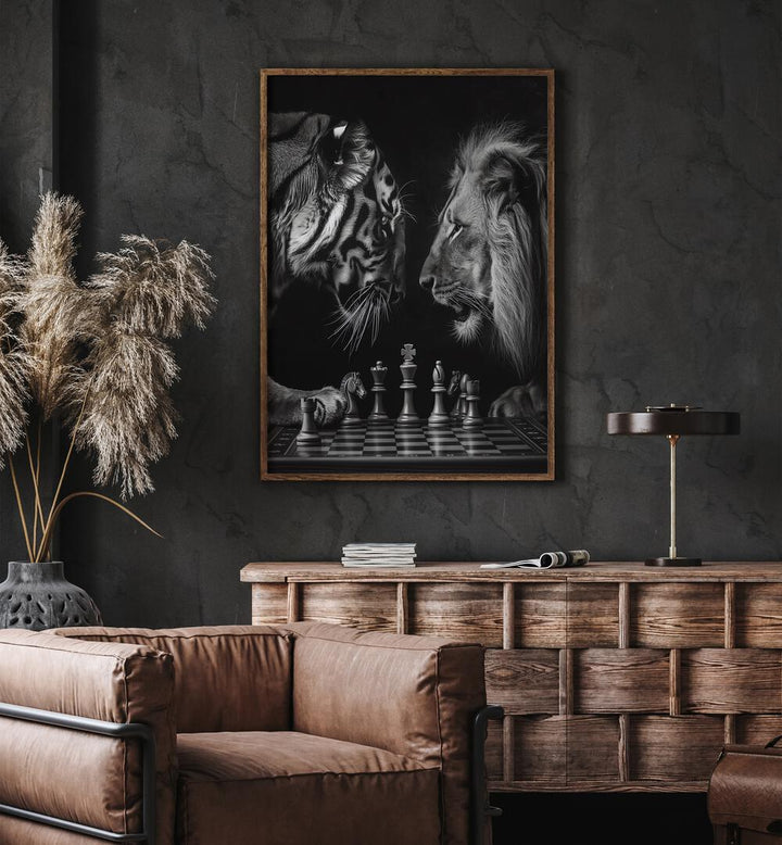 Tiger And Lion Playing Chess Wildlife Posters in Oak Wood Plain Frame placed on a Dark Grey Colored Wall above a Console Table near a Brown  Sofa Chair in the Living Room