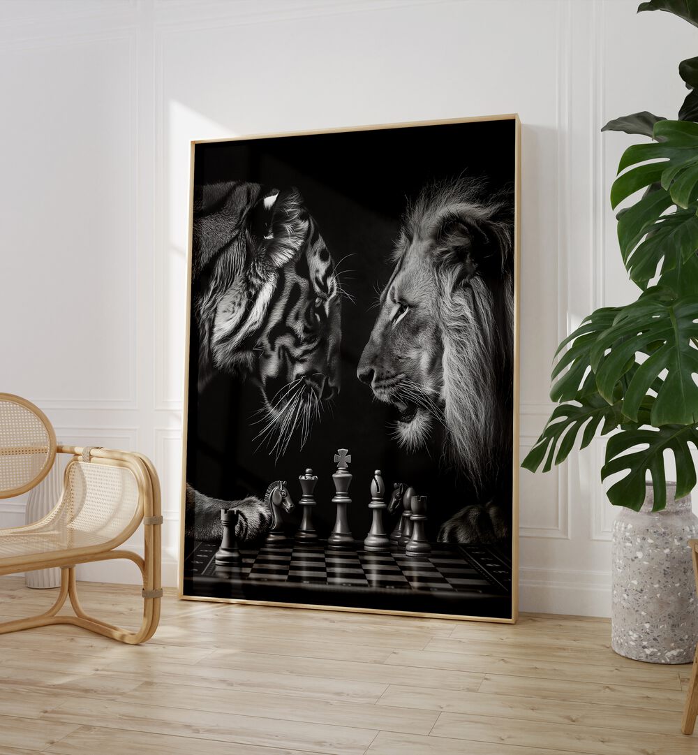 Tiger And Lion Playing Chess Wildlife Posters in Oak Wood Plain Frame placed on the floor near a White Colored Wall in the Living Room