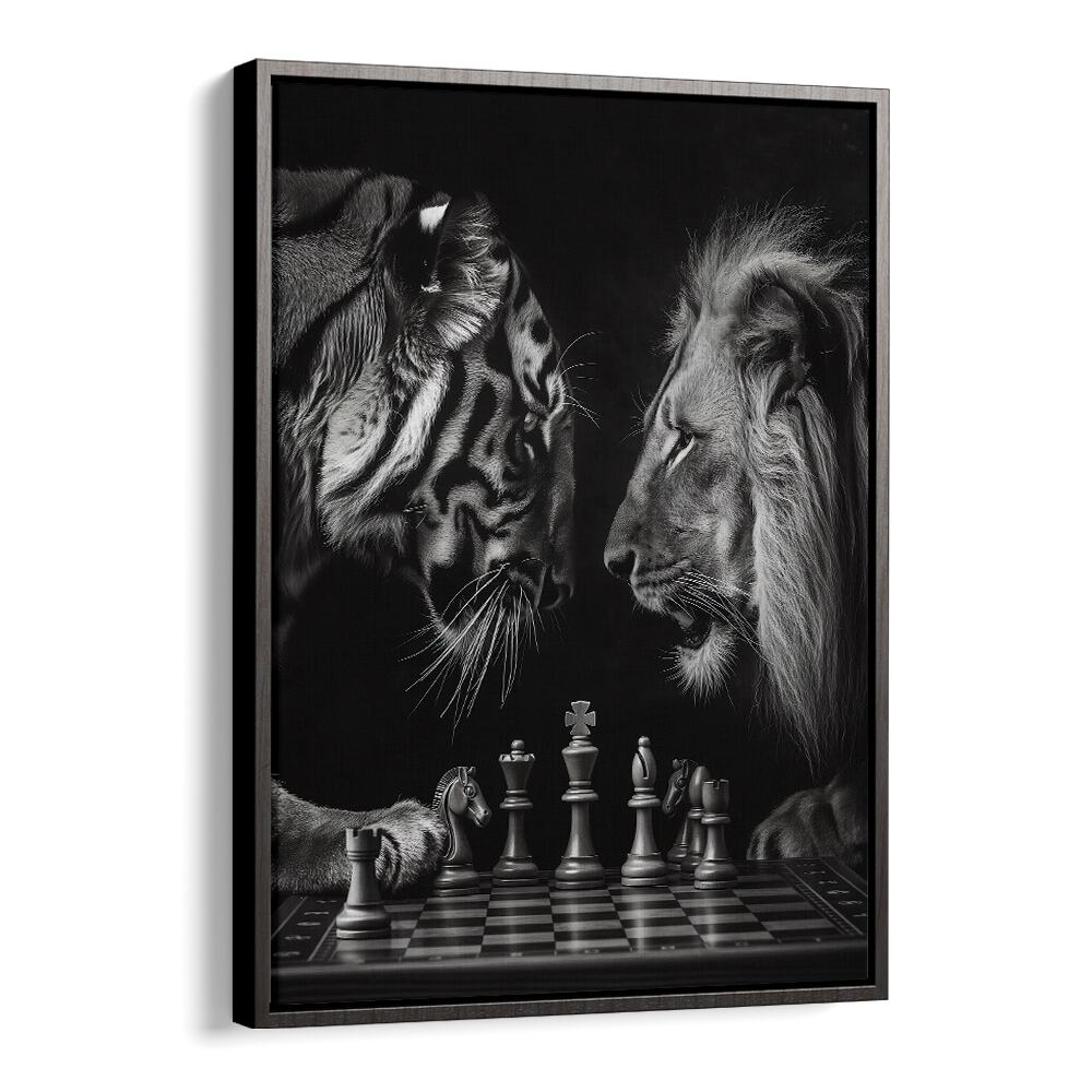 Tiger And Lion Playing Chess Wildlife Posters in Black Floater Frame