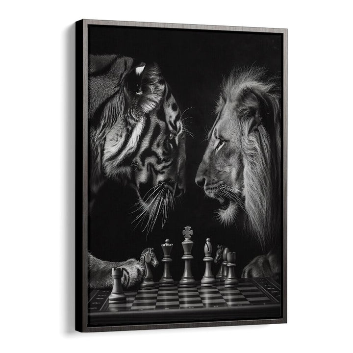 Tiger And Lion Playing Chess Wildlife Posters in Black Floater Frame