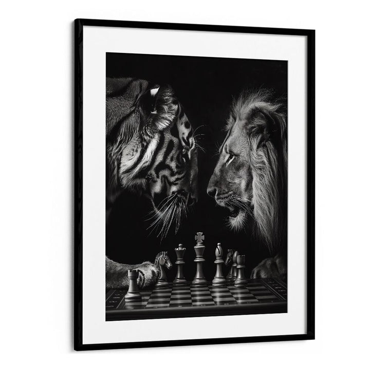 Tiger And Lion Playing Chess Wildlife Posters in Black Frame With Mount