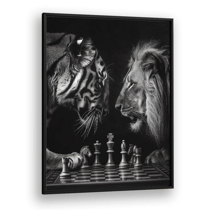 Tiger And Lion Playing Chess Wildlife Posters in Black Plain Frame