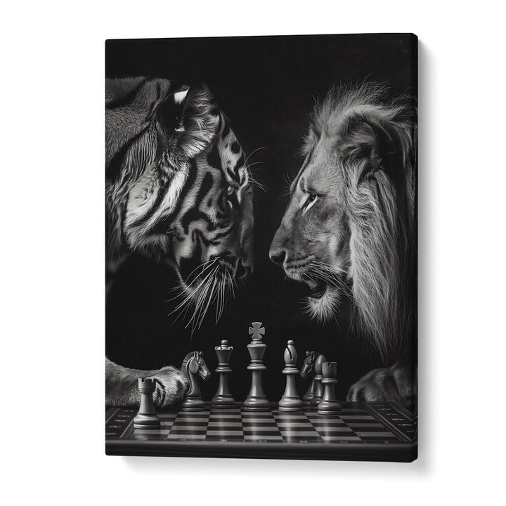 Tiger And Lion Playing Chess Wildlife Posters in Gallery Wrap