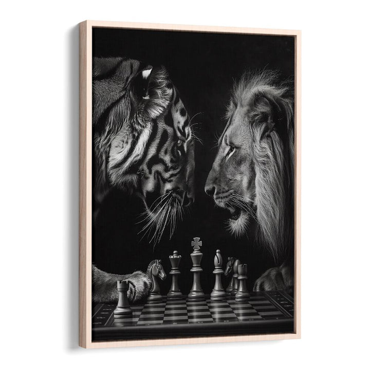 Tiger And Lion Playing Chess Wildlife Posters in Oak Wood Floater Frame