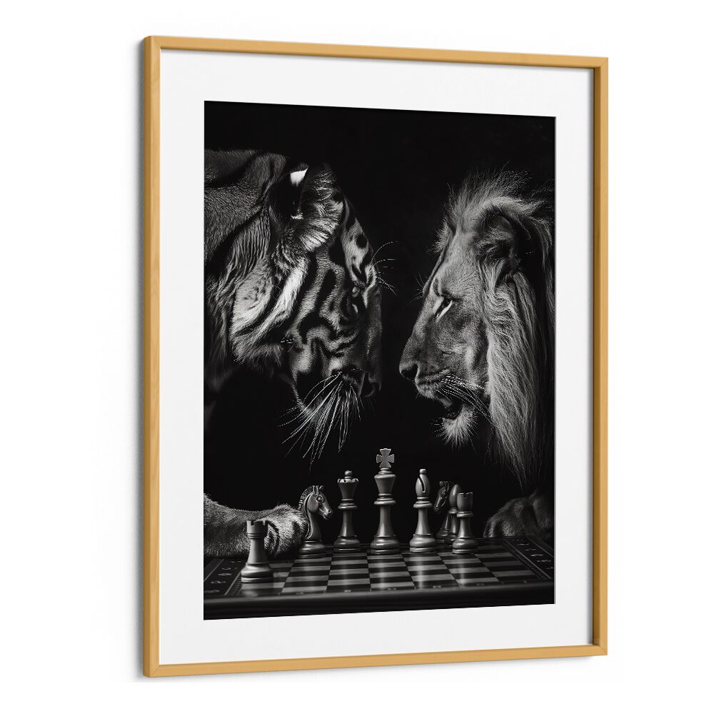 Tiger And Lion Playing Chess Wildlife Posters in Oak Wood Frame With Mount