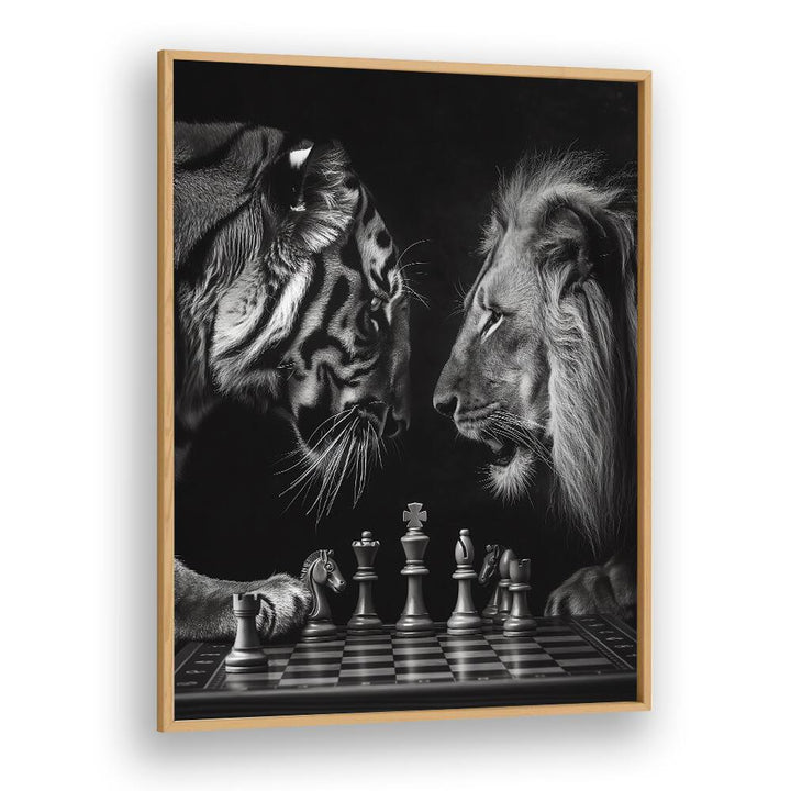 Tiger And Lion Playing Chess Wildlife Posters in Oak Wood Plain Frame