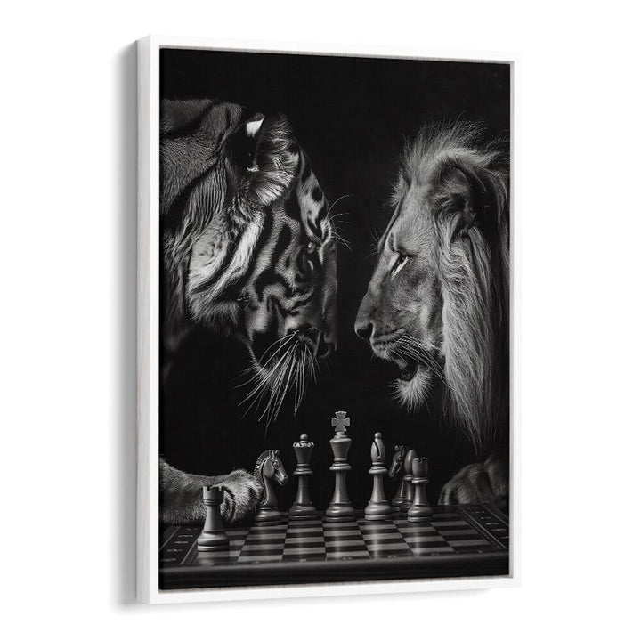 Tiger And Lion Playing Chess Wildlife Posters in White Floater Frame