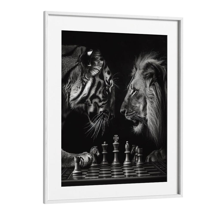 Tiger And Lion Playing Chess Wildlife Posters in White Frame With Mount