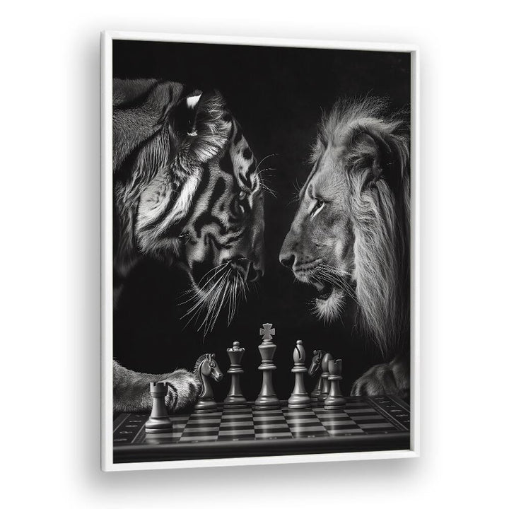 Tiger And Lion Playing Chess Wildlife Posters in White Plain Frame