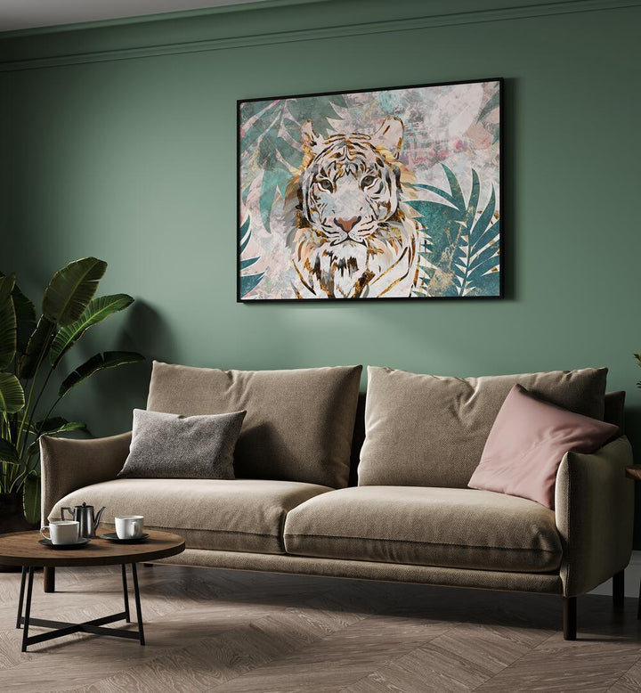 Tiger Grunge Tropical Palm Wall Mural By Sarah Manovski Wildlife Art Print placed on Green wall 