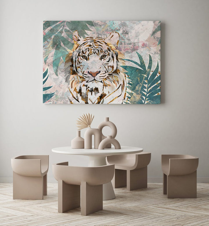 Tiger Grunge Tropical Palm Wall Mural By Sarah Manovski Wildlife Art Print placed on wall 