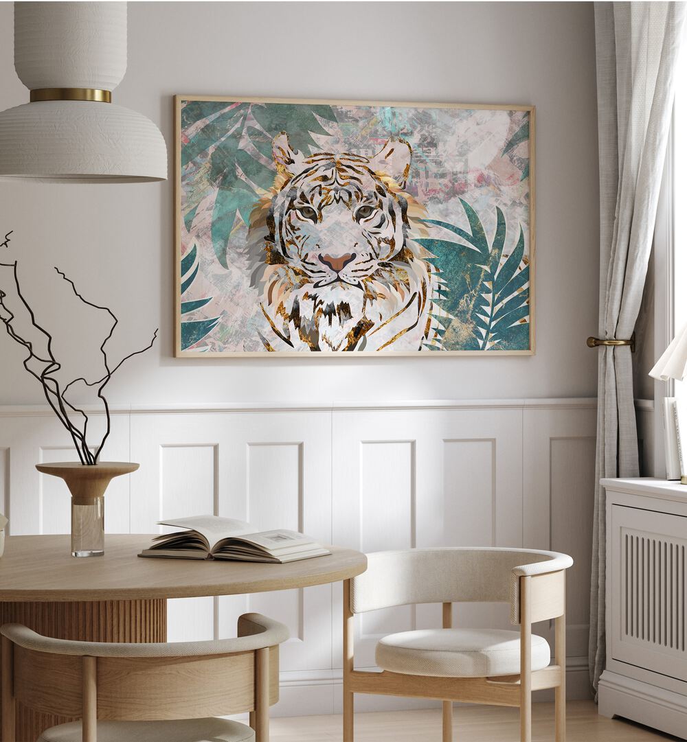 Tiger Grunge Tropical Palm Wall Mural By Sarah Manovski Wildlife Art Print placed on wall 