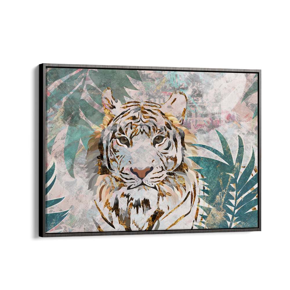 Tiger Grunge Tropical Palm Wall Mural By Sarah Manovski Wildlife Art Print in Black Floater Frame