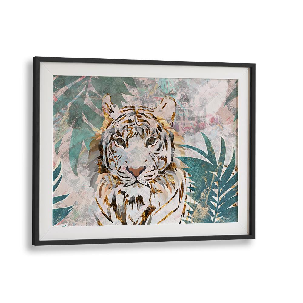 Tiger Grunge Tropical Palm Wall Mural By Sarah Manovski Wildlife Art Print in Black Frame With Mount