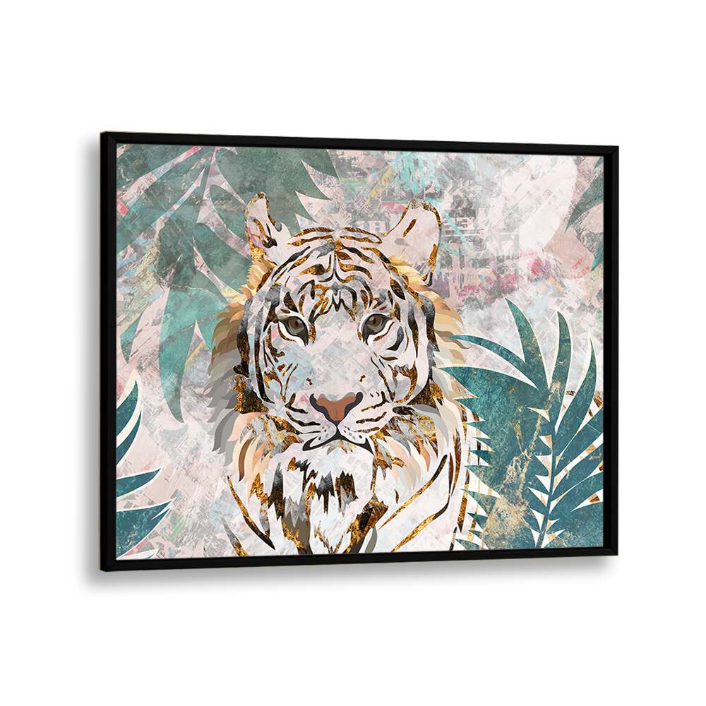 Tiger Grunge Tropical Palm Wall Mural By Sarah Manovski Wildlife Art Print in Black Plain Frame